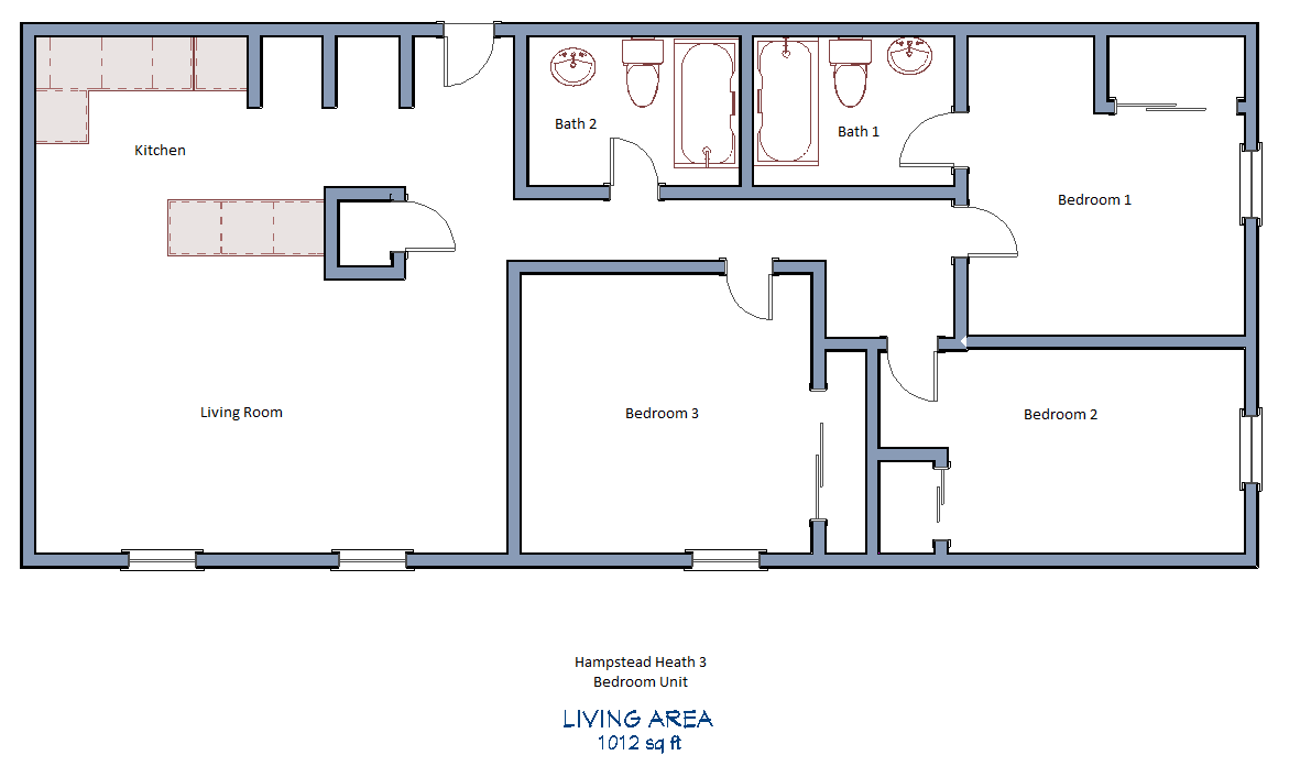 Floor plan for 3 beds, 1.5 baths, 1012 sqft